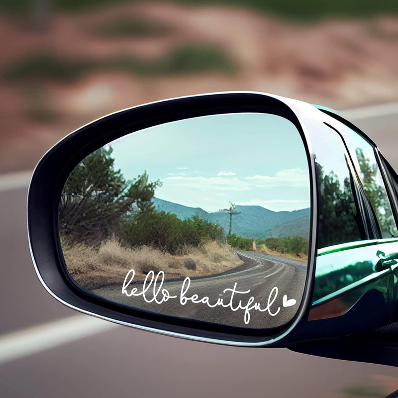 OFlyDesigns 2 x Hello Beautiful Car Mirror Decal, Affirmation Sticker, Rearview Mirror Decal, Tumbler Sticker, Water Bottle Stickers, Vinyl Tumbler Decal, New Car Decor, 4 inches (White, Hello Beautiful) - Image 3